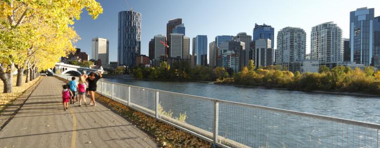 Family walking in city