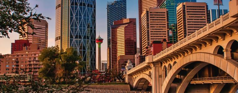 The city of Calgary seen at sunset