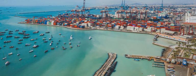 Coastal port and harbour in Callao, Lima, Peru, with boats and shipping containers