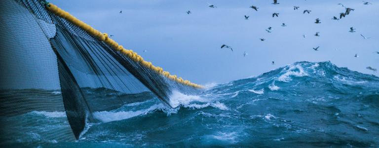 Fishingboat vessel fishing in a rough sea