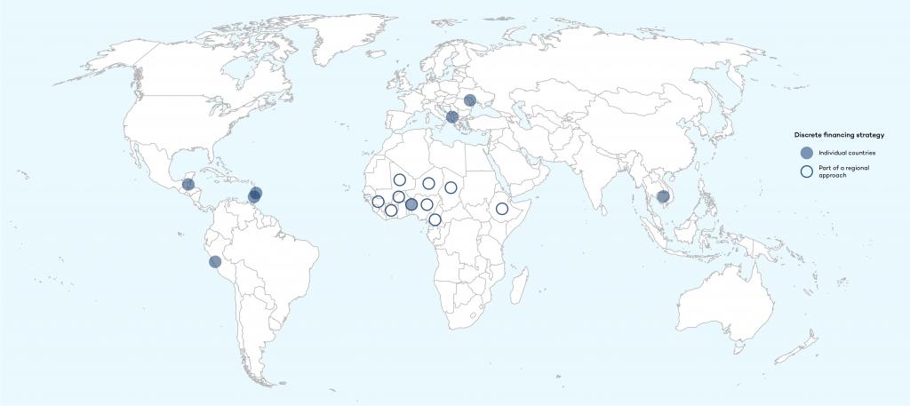 A map of the 9 individual countries and 1 region whose discrete financing strategies for adaptation were examined in an IISD study