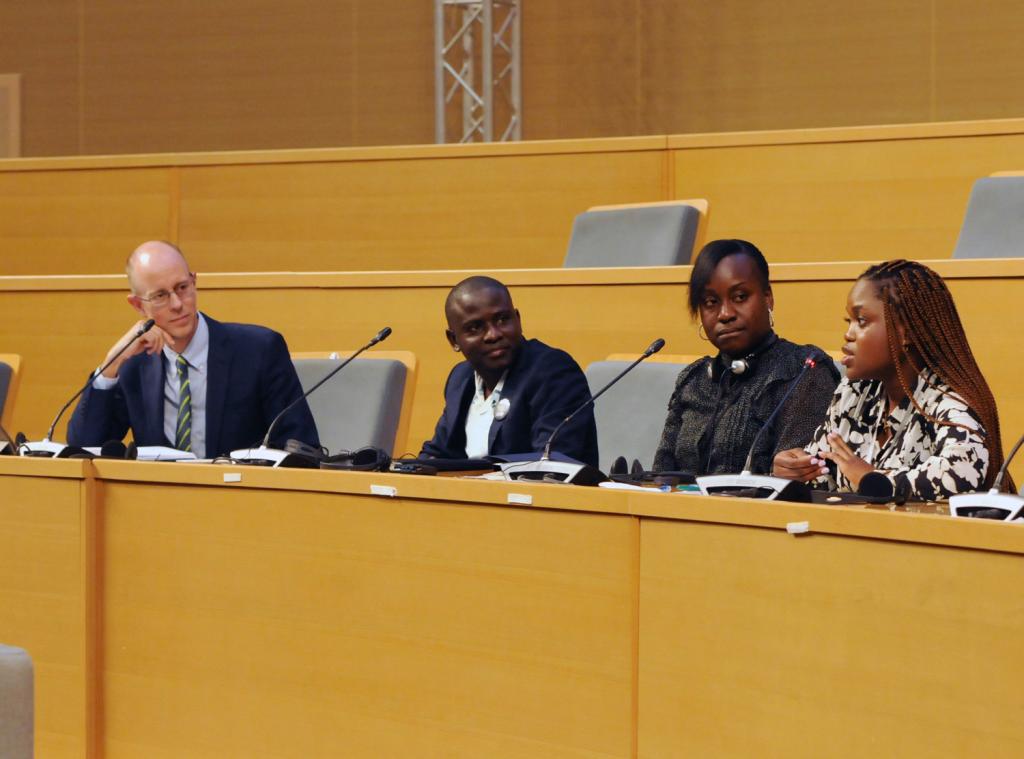 Kudzai Mataba (far right), IISD Policy Analyst, speaking at the Global Conference on the Future of Resource Taxation in Zambia. Photo by IISD/ENB