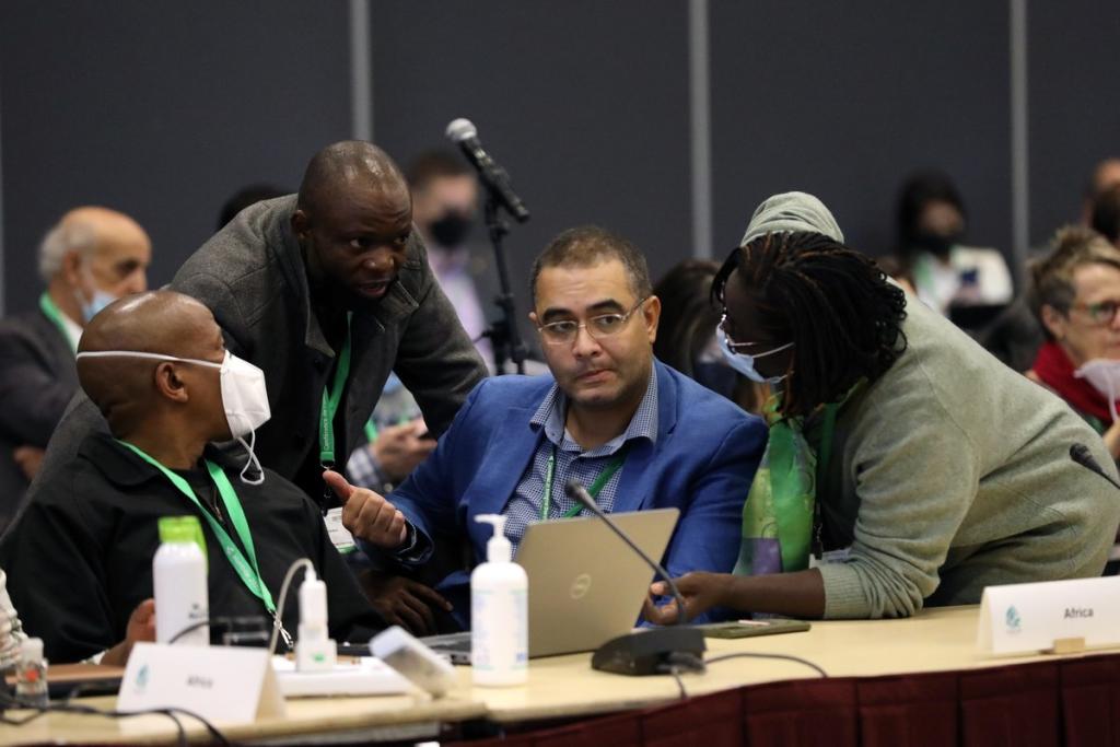 Four delegates engaged in a discussion at a conference table labeled "Africa." There's a laptop and hand sanitizer visible on the table.