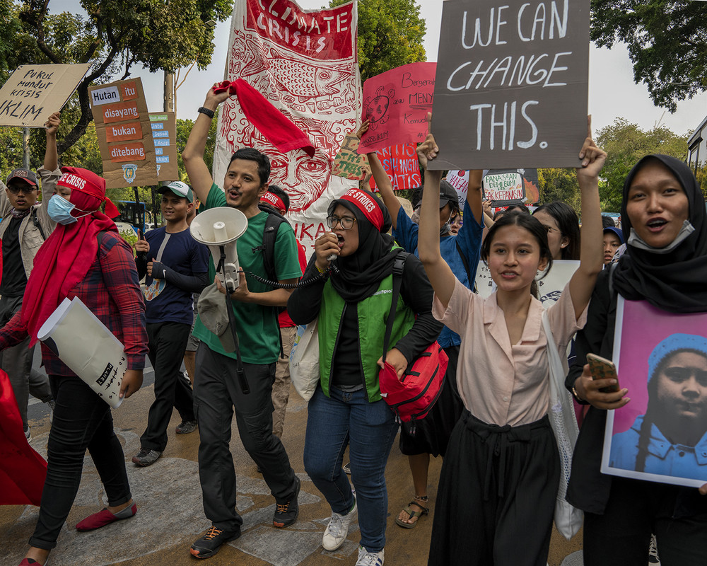 Young activists in Jakarta, Indonesia, protesting government inaction on climate change